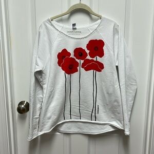 Marushka Handpainted Poppies'‎ Ladies' Crew Fleece Raw-Edge Pullover - Small